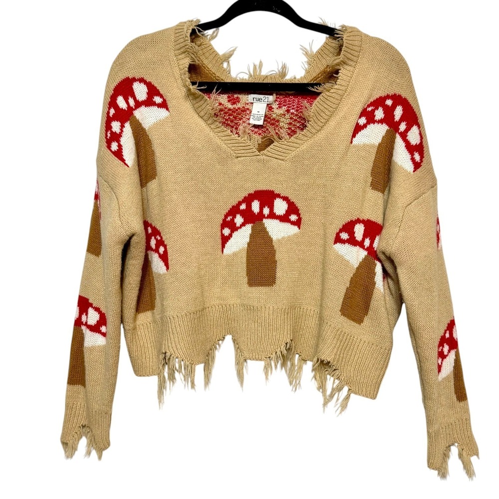 Y2K Rue21 Golbincore Whimsigoth Mushroom Knit Sweater Womens Size M Fairy Grunge
